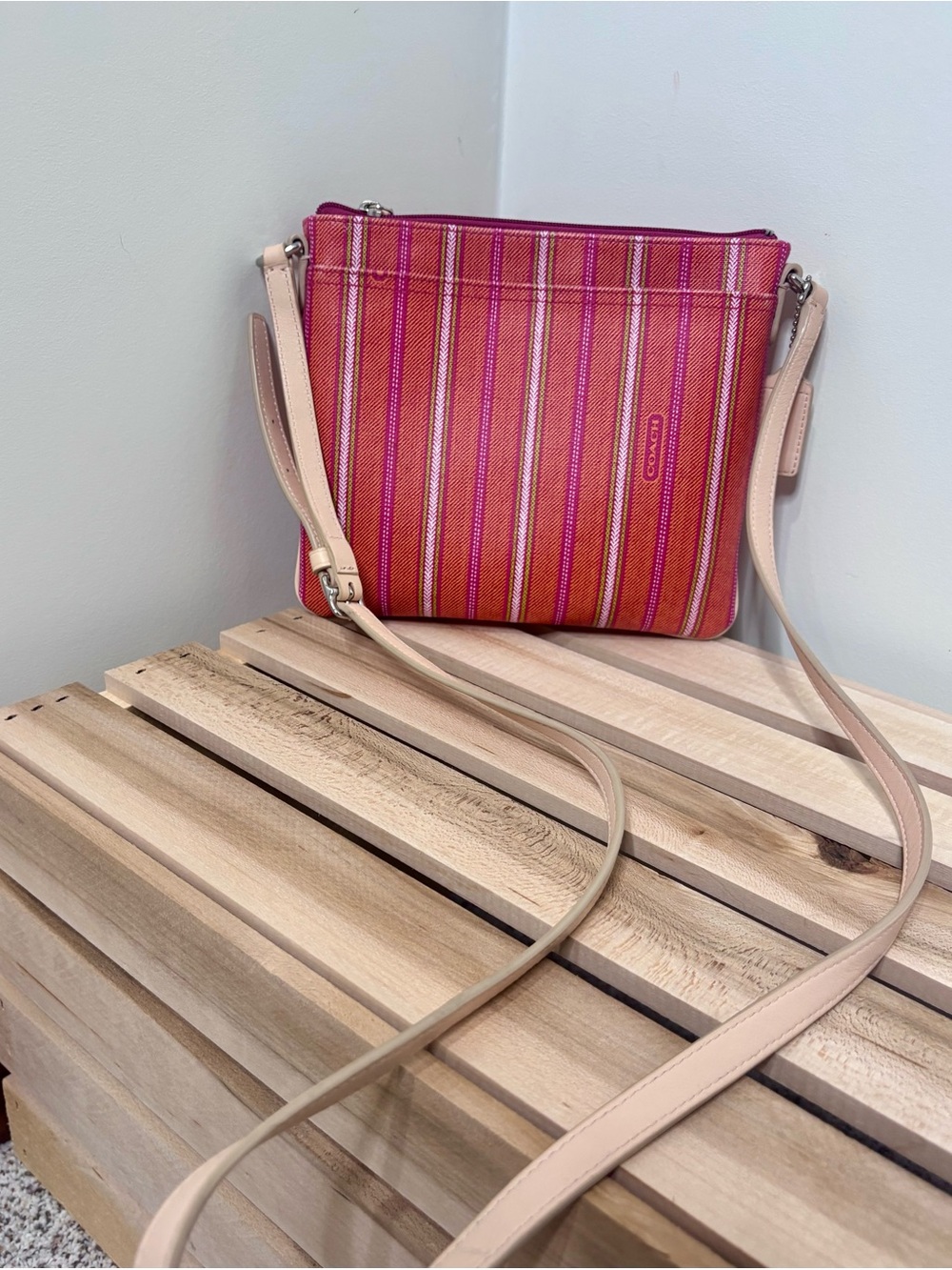 NWOT Coach Legacy Weekend striped swingpack crossbody bag in pink and orange
